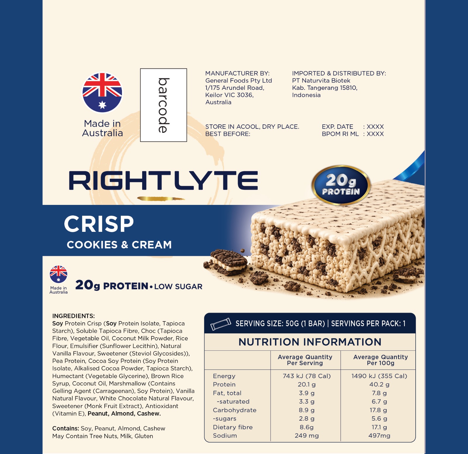 Rightlyte Crisp Bar Cookies & Cream Detail